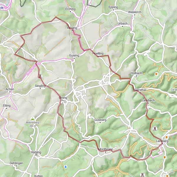 Map miniature of "Muehlberg and Rosskopf" cycling inspiration in Lorraine, France. Generated by Tarmacs.app cycling route planner