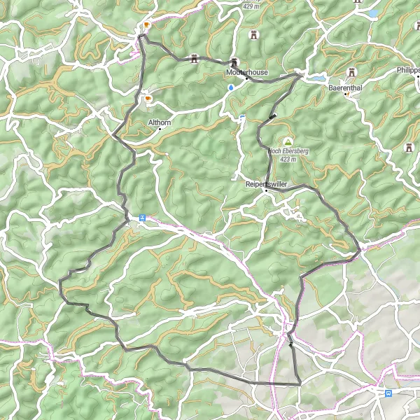 Map miniature of "Hammerkopf and Kaesberg" cycling inspiration in Lorraine, France. Generated by Tarmacs.app cycling route planner