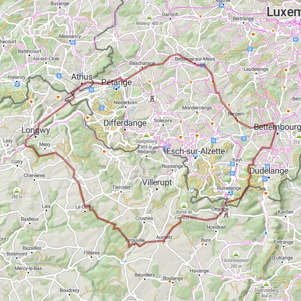 Miniature de la carte de l'inspiration cycliste "La Boucle des Collines Luxembourgeoises" dans la Lorraine, France. Générée par le planificateur d'itinéraire cycliste Tarmacs.app