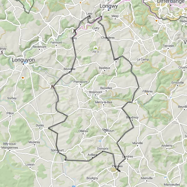 Miniature de la carte de l'inspiration cycliste "La Route des Fortifications Médiévales" dans la Lorraine, France. Générée par le planificateur d'itinéraire cycliste Tarmacs.app