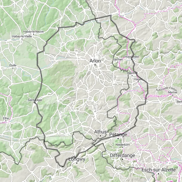 Map miniature of "Borderline Expedition" cycling inspiration in Lorraine, France. Generated by Tarmacs.app cycling route planner
