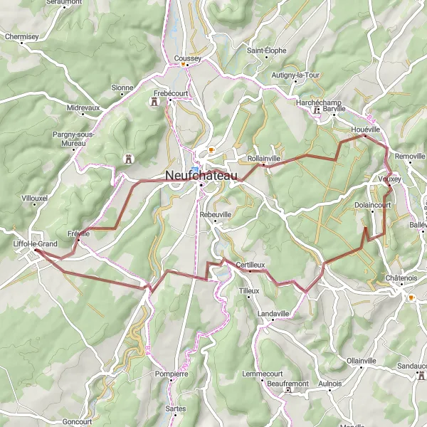 Map miniature of "Meurge and Meuse Gravel Adventure" cycling inspiration in Lorraine, France. Generated by Tarmacs.app cycling route planner