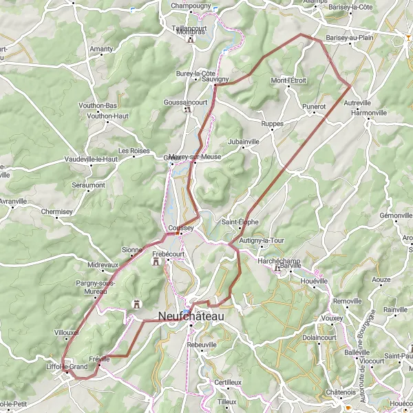 Miniature de la carte de l'inspiration cycliste "Les chemins de traverse de Lorraine" dans la Lorraine, France. Générée par le planificateur d'itinéraire cycliste Tarmacs.app