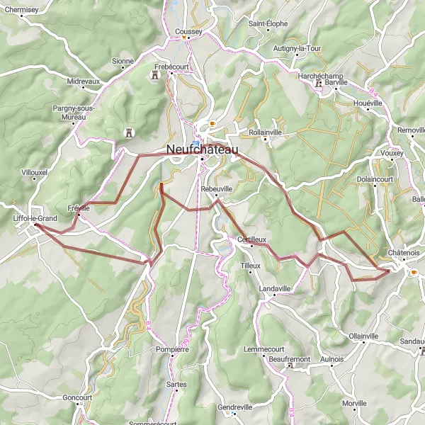 Map miniature of "Gravel Adventure near Liffol-le-Grand" cycling inspiration in Lorraine, France. Generated by Tarmacs.app cycling route planner