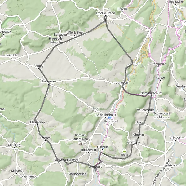 Miniature de la carte de l'inspiration cycliste "Le Tour de la Vôge" dans la Lorraine, France. Générée par le planificateur d'itinéraire cycliste Tarmacs.app