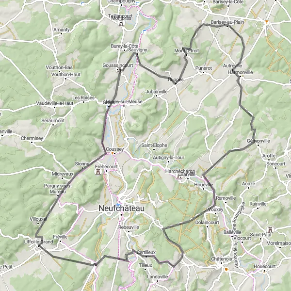 Map miniature of "The Domrémy-la-Pucelle Adventure" cycling inspiration in Lorraine, France. Generated by Tarmacs.app cycling route planner