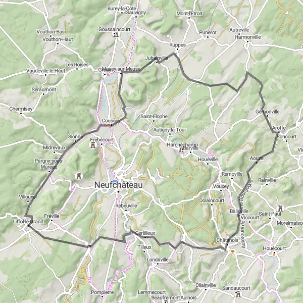 Miniature de la carte de l'inspiration cycliste "Les collines de Lorraine" dans la Lorraine, France. Générée par le planificateur d'itinéraire cycliste Tarmacs.app