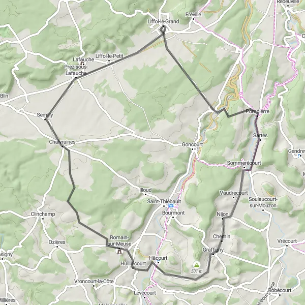 Map miniature of "The Meuse River Delight" cycling inspiration in Lorraine, France. Generated by Tarmacs.app cycling route planner