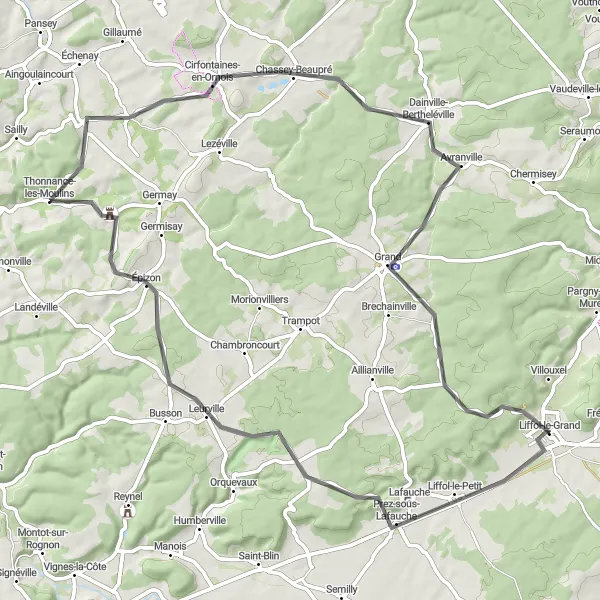 Map miniature of "Le Petit Loop: Liffol-le-Petit to Avranville" cycling inspiration in Lorraine, France. Generated by Tarmacs.app cycling route planner