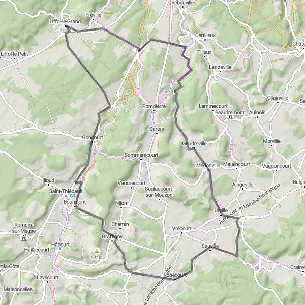 Map miniature of "Scenic Road Cycling Loop near Liffol-le-Grand" cycling inspiration in Lorraine, France. Generated by Tarmacs.app cycling route planner