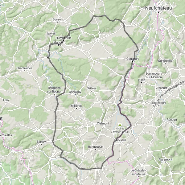 Miniature de la carte de l'inspiration cycliste "Les Collines de la Haute-Marne" dans la Lorraine, France. Générée par le planificateur d'itinéraire cycliste Tarmacs.app