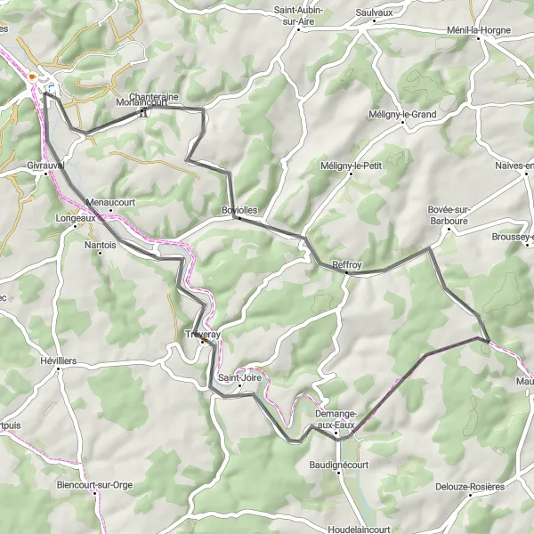 Map miniature of "Chanteraine Loop" cycling inspiration in Lorraine, France. Generated by Tarmacs.app cycling route planner