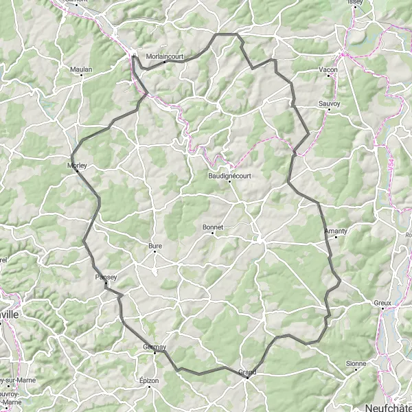 Map miniature of "Cycling through Beautiful Landscapes" cycling inspiration in Lorraine, France. Generated by Tarmacs.app cycling route planner