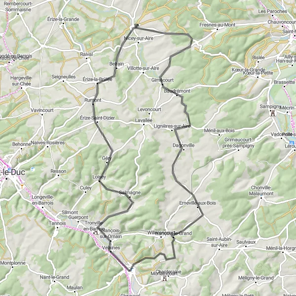 Map miniature of "Ligny-en-Barrois Distinctive Road Cycling Route" cycling inspiration in Lorraine, France. Generated by Tarmacs.app cycling route planner