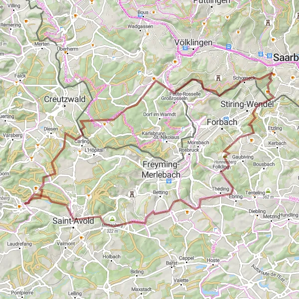 Map miniature of "The Challenging Gravel Expedition" cycling inspiration in Lorraine, France. Generated by Tarmacs.app cycling route planner