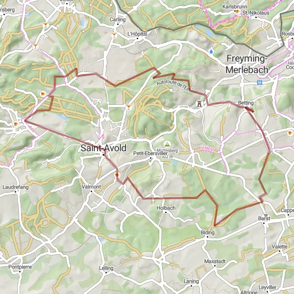 Map miniature of "Hills and Historic Towns" cycling inspiration in Lorraine, France. Generated by Tarmacs.app cycling route planner