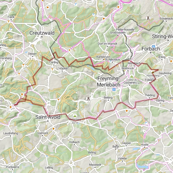 Map miniature of "Gravel Adventure through Steinberg and Mettenberg" cycling inspiration in Lorraine, France. Generated by Tarmacs.app cycling route planner
