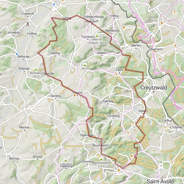 Miniature de la carte de l'inspiration cycliste "Le Tour du Castelberg et de la Saule" dans la Lorraine, France. Générée par le planificateur d'itinéraire cycliste Tarmacs.app