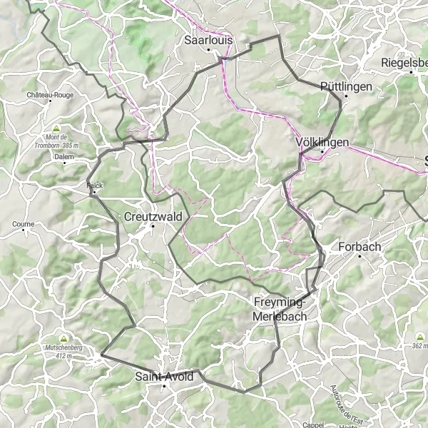 Miniature de la carte de l'inspiration cycliste "Boucle de Saint-Avold" dans la Lorraine, France. Générée par le planificateur d'itinéraire cycliste Tarmacs.app