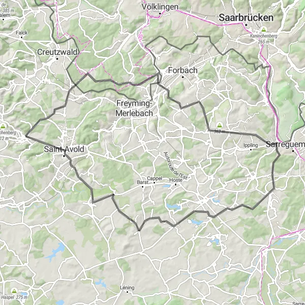 Miniature de la carte de l'inspiration cycliste "Le Circuit des Vallées et des Ruines" dans la Lorraine, France. Générée par le planificateur d'itinéraire cycliste Tarmacs.app