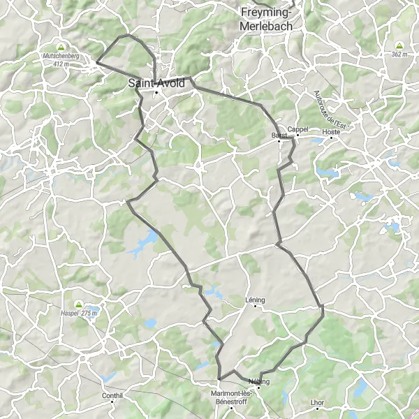 Map miniature of "The Longeville-lès-Saint-Avold Loop" cycling inspiration in Lorraine, France. Generated by Tarmacs.app cycling route planner