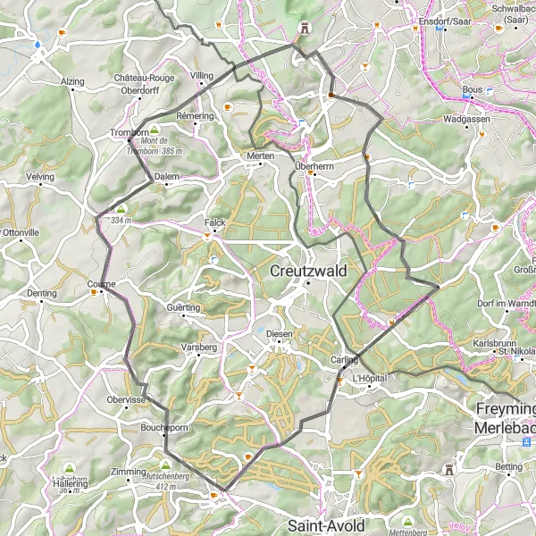 Miniature de la carte de l'inspiration cycliste "La Route des Châteaux et des Collines" dans la Lorraine, France. Générée par le planificateur d'itinéraire cycliste Tarmacs.app