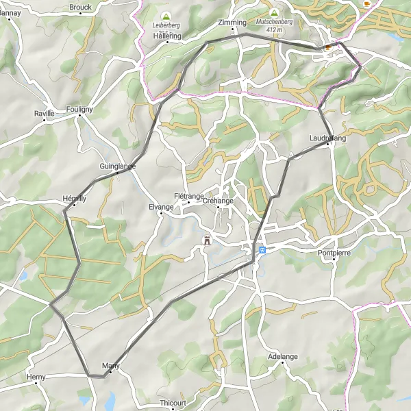 Miniature de la carte de l'inspiration cycliste "Tour du Castelberg" dans la Lorraine, France. Générée par le planificateur d'itinéraire cycliste Tarmacs.app