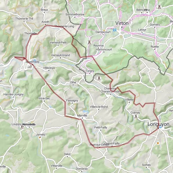 Miniature de la carte de l'inspiration cycliste "Circuit de Grand-Failly" dans la Lorraine, France. Générée par le planificateur d'itinéraire cycliste Tarmacs.app