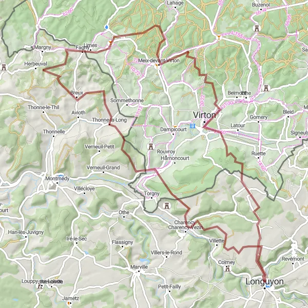 Map miniature of "Gravel Adventure to Virton" cycling inspiration in Lorraine, France. Generated by Tarmacs.app cycling route planner