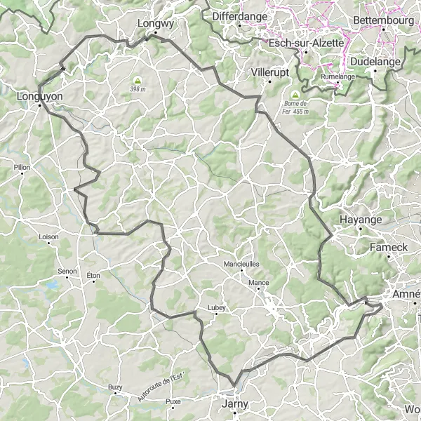 Miniature de la carte de l'inspiration cycliste "Les côtes de Lorraine" dans la Lorraine, France. Générée par le planificateur d'itinéraire cycliste Tarmacs.app