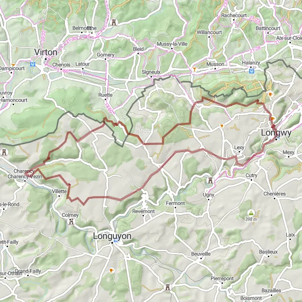 Miniature de la carte de l'inspiration cycliste "Parcours entre Lexy et Place Darche" dans la Lorraine, France. Générée par le planificateur d'itinéraire cycliste Tarmacs.app