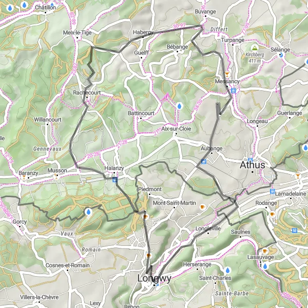 Map miniature of "Short Road Cycling Loop around Longwy" cycling inspiration in Lorraine, France. Generated by Tarmacs.app cycling route planner