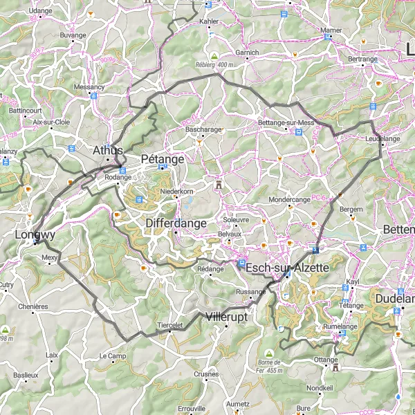 Map miniature of "Picturesque Road Cycling Route to Esch-sur-Alzette" cycling inspiration in Lorraine, France. Generated by Tarmacs.app cycling route planner