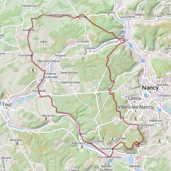 Map miniature of "The Gravel Trails of Chaligny" cycling inspiration in Lorraine, France. Generated by Tarmacs.app cycling route planner