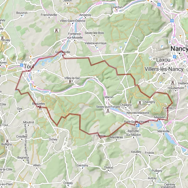 Map miniature of "Ludres and Beyond" cycling inspiration in Lorraine, France. Generated by Tarmacs.app cycling route planner