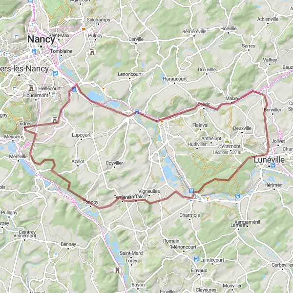 Map miniature of "The Gravel Path of Lorraine" cycling inspiration in Lorraine, France. Generated by Tarmacs.app cycling route planner