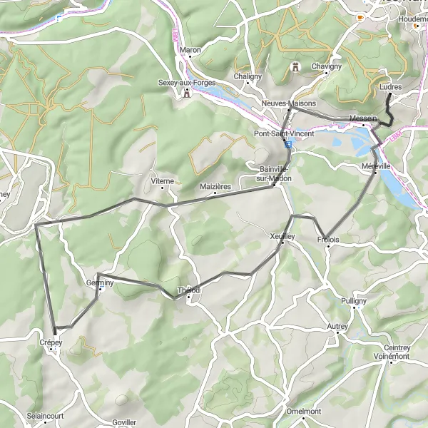 Map miniature of "The Road to Frolois" cycling inspiration in Lorraine, France. Generated by Tarmacs.app cycling route planner