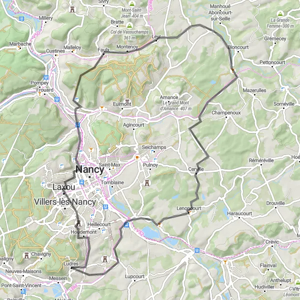 Miniature de la carte de l'inspiration cycliste "La route des châteaux" dans la Lorraine, France. Générée par le planificateur d'itinéraire cycliste Tarmacs.app