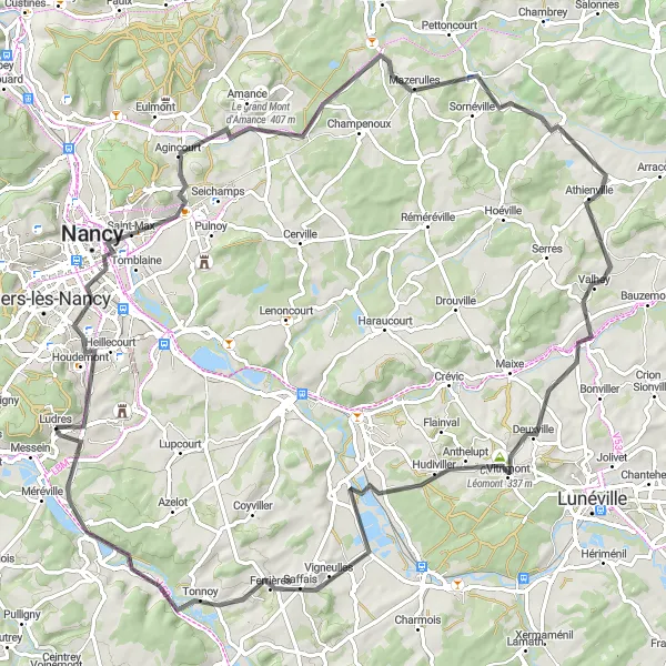 Map miniature of "Moselle Escape" cycling inspiration in Lorraine, France. Generated by Tarmacs.app cycling route planner