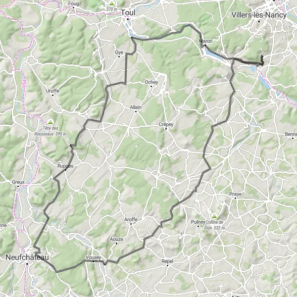 Map miniature of "Roads of Lorraine" cycling inspiration in Lorraine, France. Generated by Tarmacs.app cycling route planner