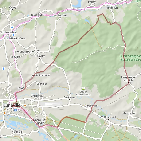 Miniature de la carte de l'inspiration cycliste "Châteaux et Villages autour de Lunéville" dans la Lorraine, France. Générée par le planificateur d'itinéraire cycliste Tarmacs.app