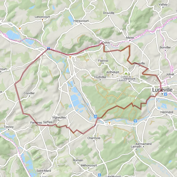 Miniature de la carte de l'inspiration cycliste "Parcours Gravel autour de Lunéville" dans la Lorraine, France. Générée par le planificateur d'itinéraire cycliste Tarmacs.app