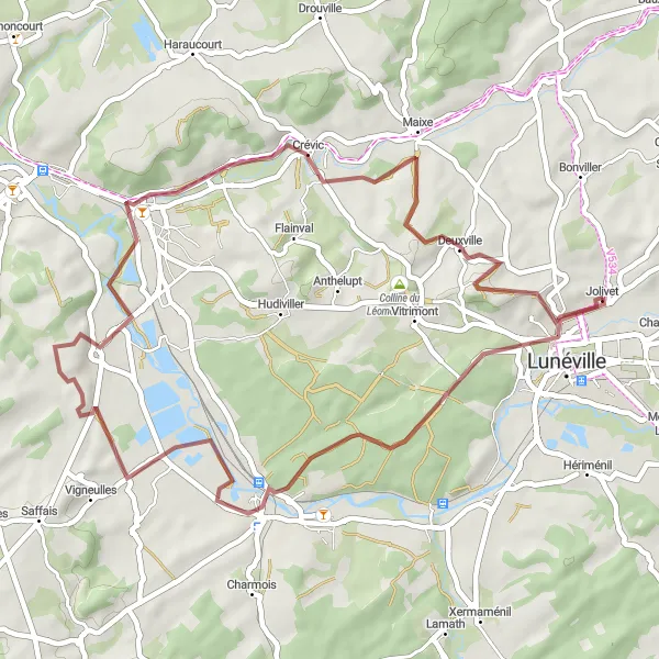 Miniature de la carte de l'inspiration cycliste "Chemin à Travers les Collines et Vallées" dans la Lorraine, France. Générée par le planificateur d'itinéraire cycliste Tarmacs.app