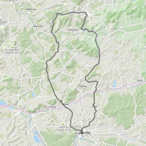 Map miniature of "Charming Villages and Rural Landscapes" cycling inspiration in Lorraine, France. Generated by Tarmacs.app cycling route planner