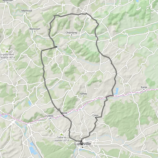 Miniature de la carte de l'inspiration cycliste "Vallées et Villages Pittoresques en Lorraine" dans la Lorraine, France. Générée par le planificateur d'itinéraire cycliste Tarmacs.app