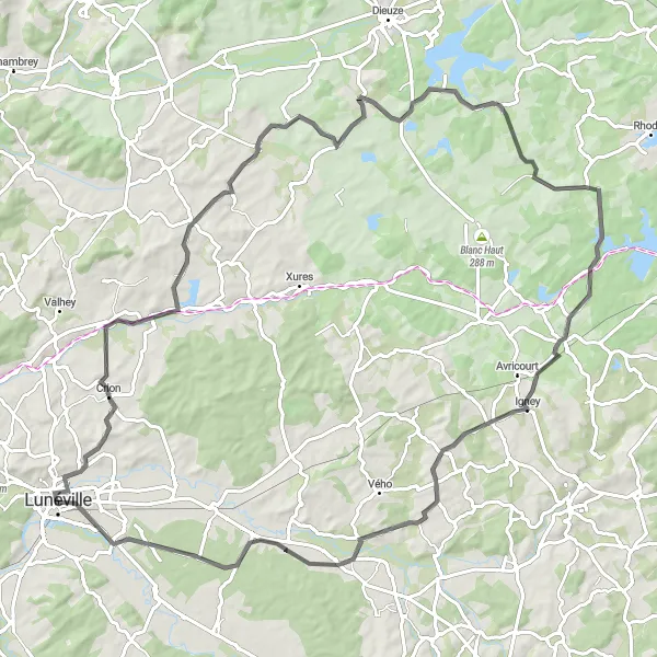Map miniature of "Lunéville and Surrounding Villages" cycling inspiration in Lorraine, France. Generated by Tarmacs.app cycling route planner