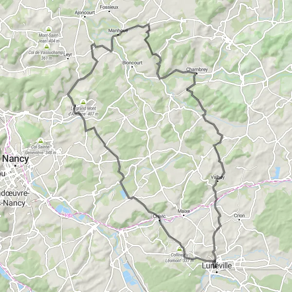 Miniature de la carte de l'inspiration cycliste "Boucle Panoramique entre Collines et Villages" dans la Lorraine, France. Générée par le planificateur d'itinéraire cycliste Tarmacs.app
