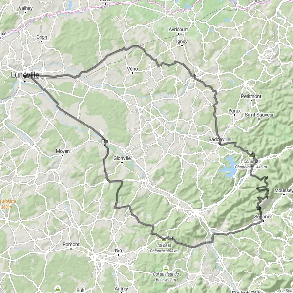 Map miniature of "Hilly Landscapes and Epic Climbs" cycling inspiration in Lorraine, France. Generated by Tarmacs.app cycling route planner
