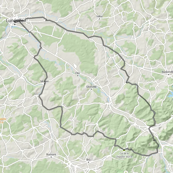 Miniature de la carte de l'inspiration cycliste "Balade Pittoresque à travers les Collines de Lorraine" dans la Lorraine, France. Générée par le planificateur d'itinéraire cycliste Tarmacs.app