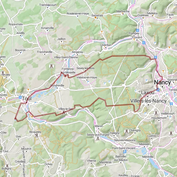 Map miniature of "Gravel Adventure: Malzéville to Champigneulles" cycling inspiration in Lorraine, France. Generated by Tarmacs.app cycling route planner